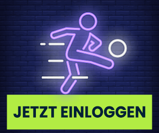 Neon Spieler mit Fussball und Jetzt Einloggen Button